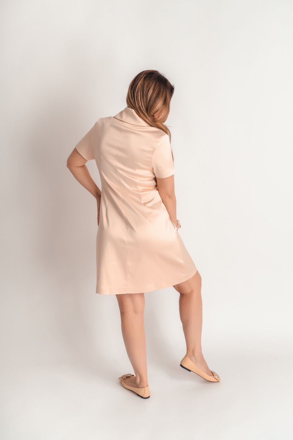 Satin Shirt Dress Coquet Collar With Golden Stud - back