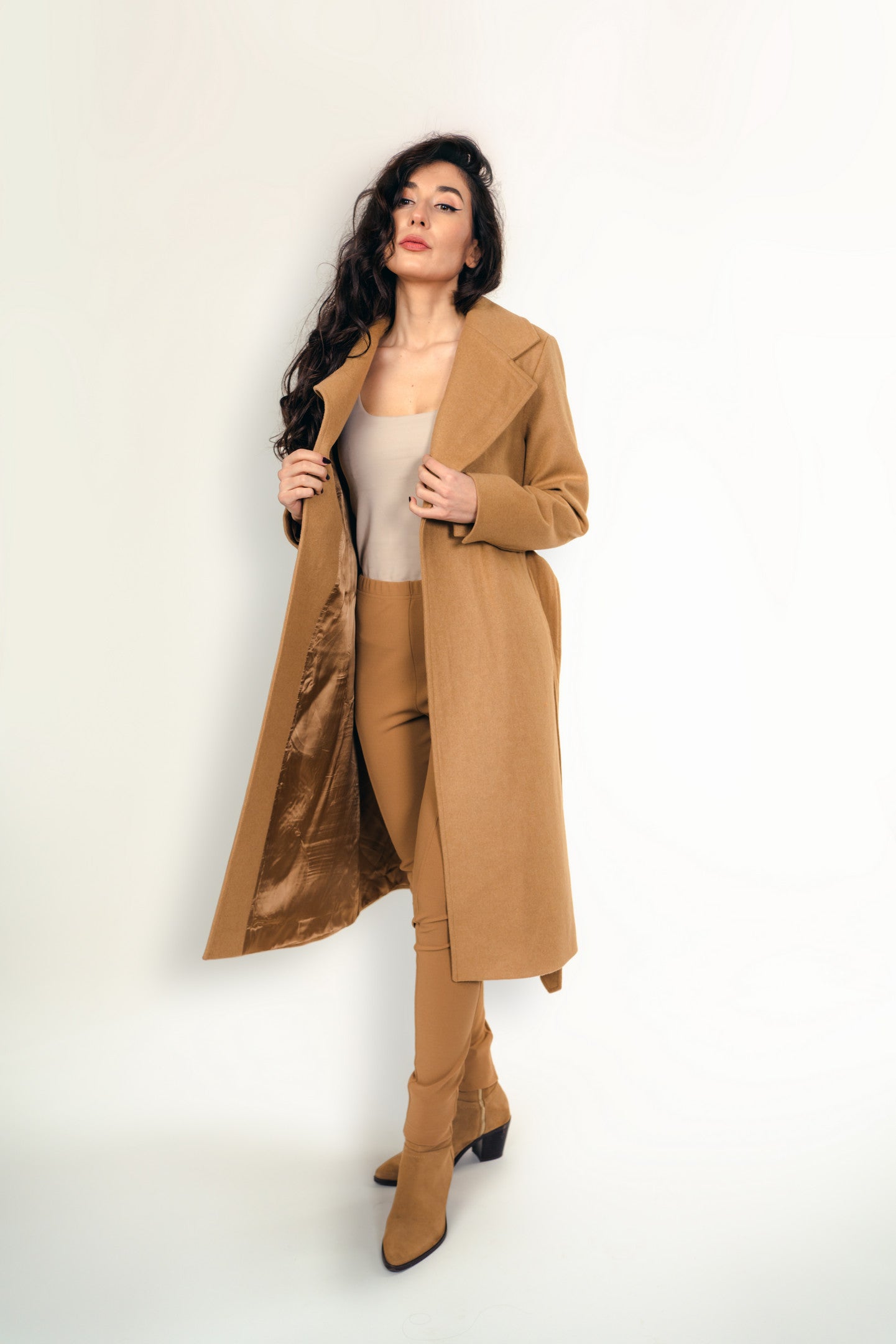 "Margot" Coat Wool Blend Warm Winter Coat in Camel Color - front open