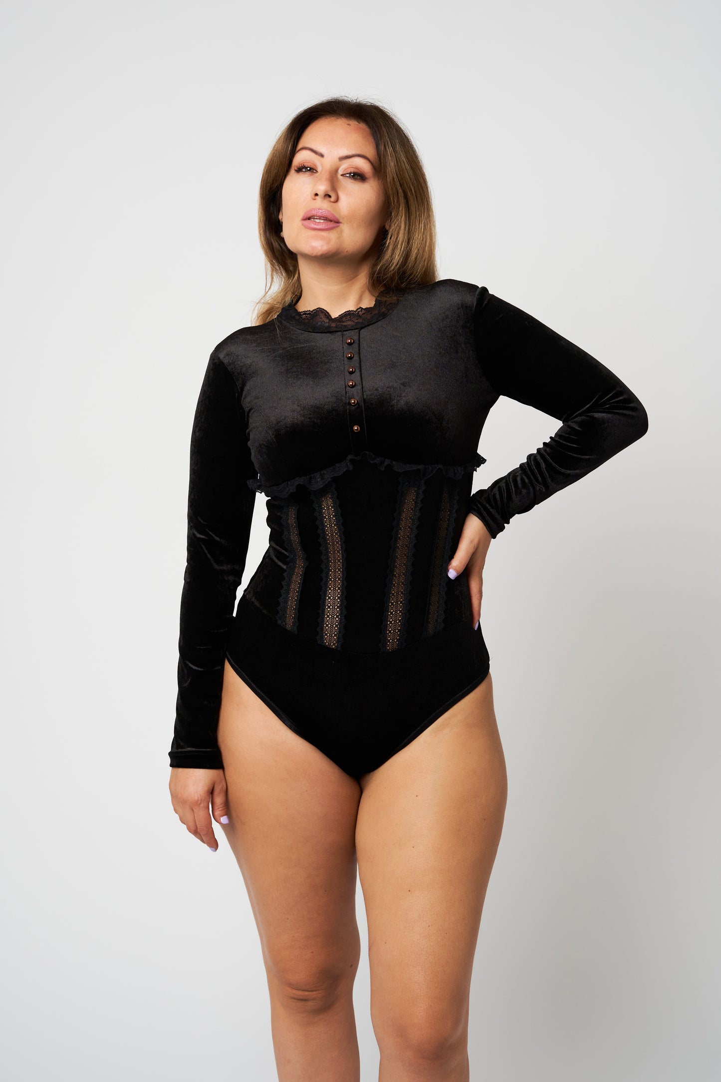 Velvet Bodysuit With Lace Trims Baroque Style - front