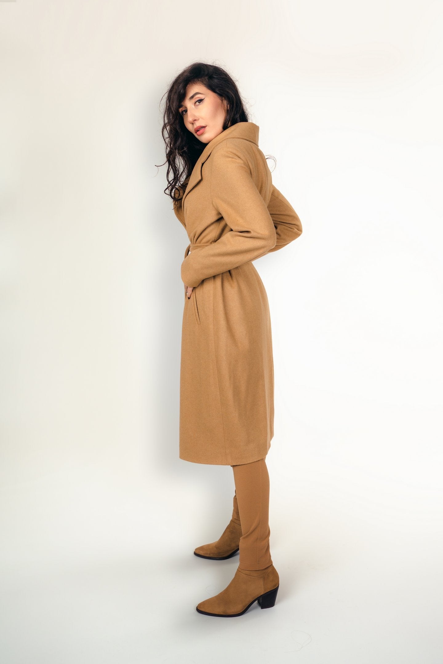 "Margot" Coat Wool Blend Warm Winter Coat in Camel Color - left side