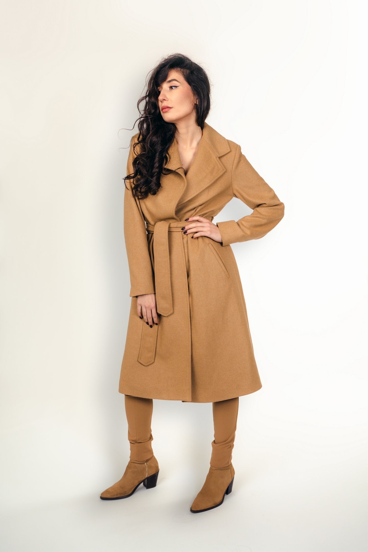 "Margot" Coat Wool Blend Warm Winter Coat in Camel Color - front 3