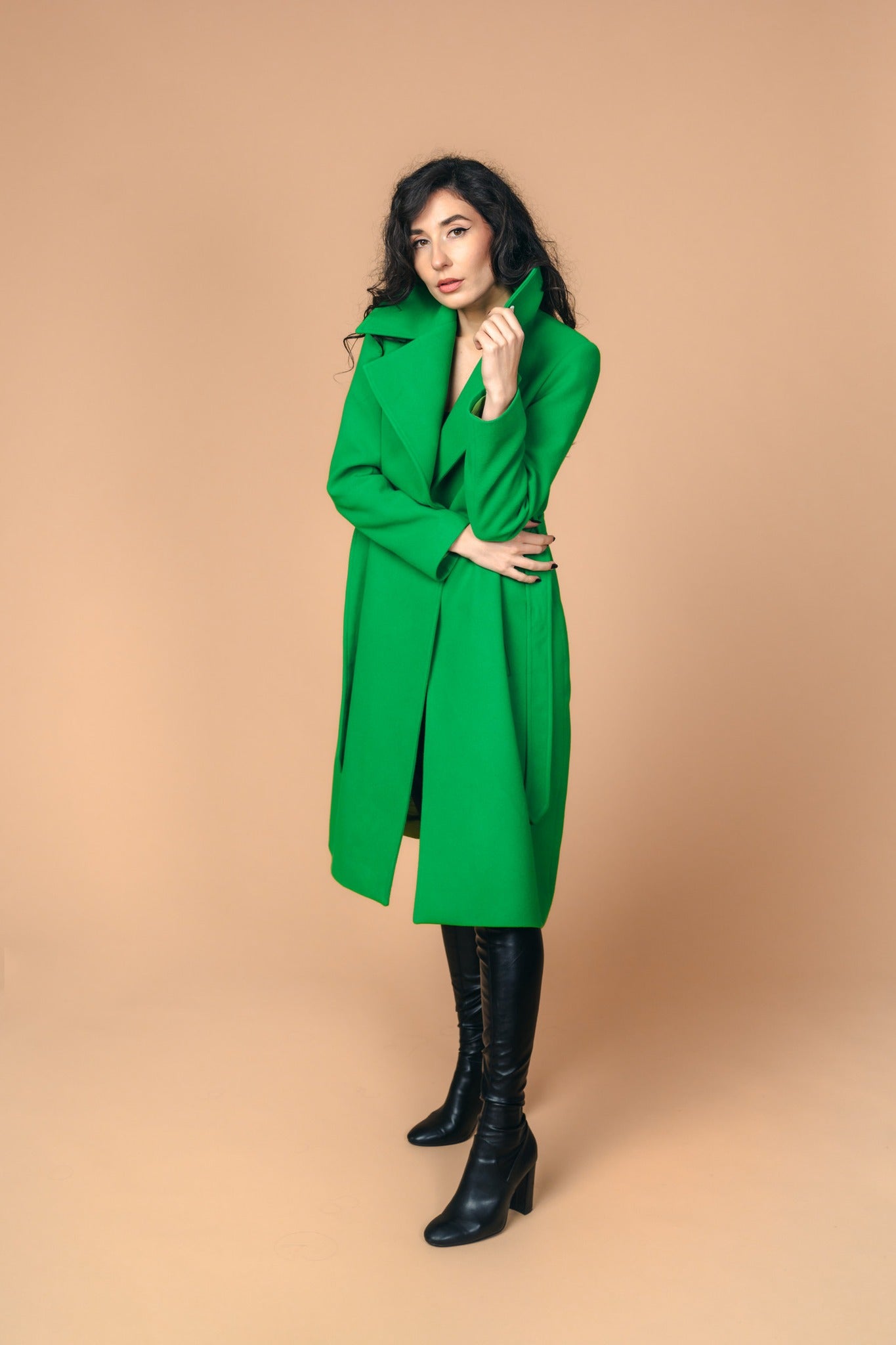 Wide Notch Collar Coat Emerald Green Wool Blend Winter Coat - front